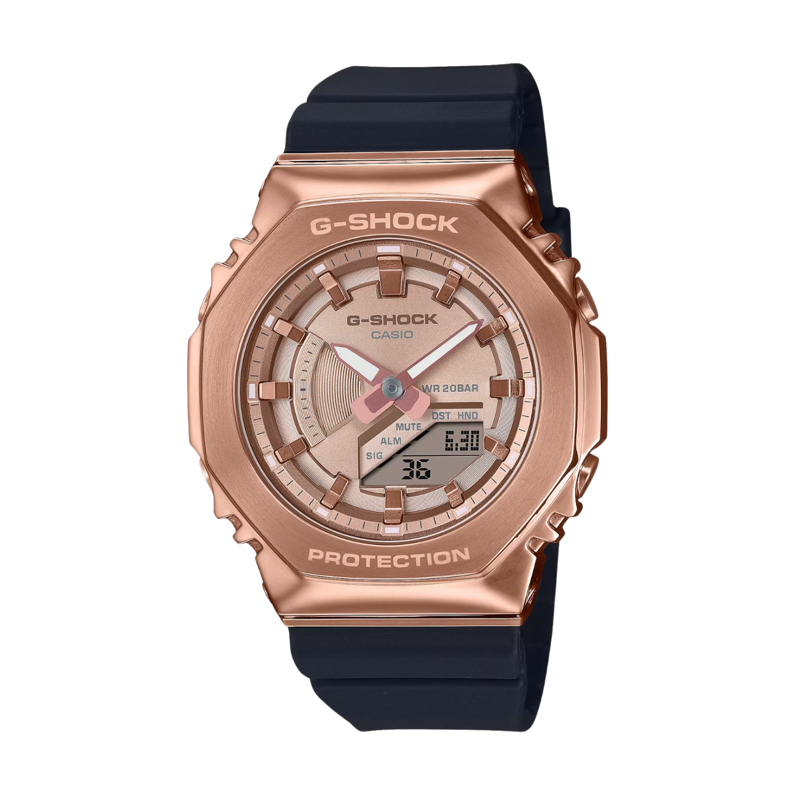 A Casio G-Shock watch with a rose gold case and black resin band, displaying an analog-digital dial.