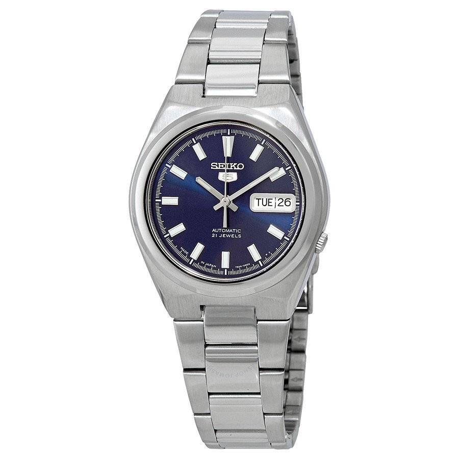 A blue dial Seiko watch with a stainless steel bracelet and a logo at the 12 o'clock position.