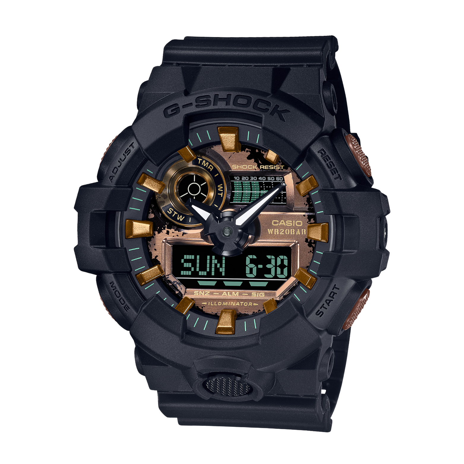 A black CASIO G-SHOCK analog-digital watch with a resin band, featuring a digital display and multiple watch features visible.