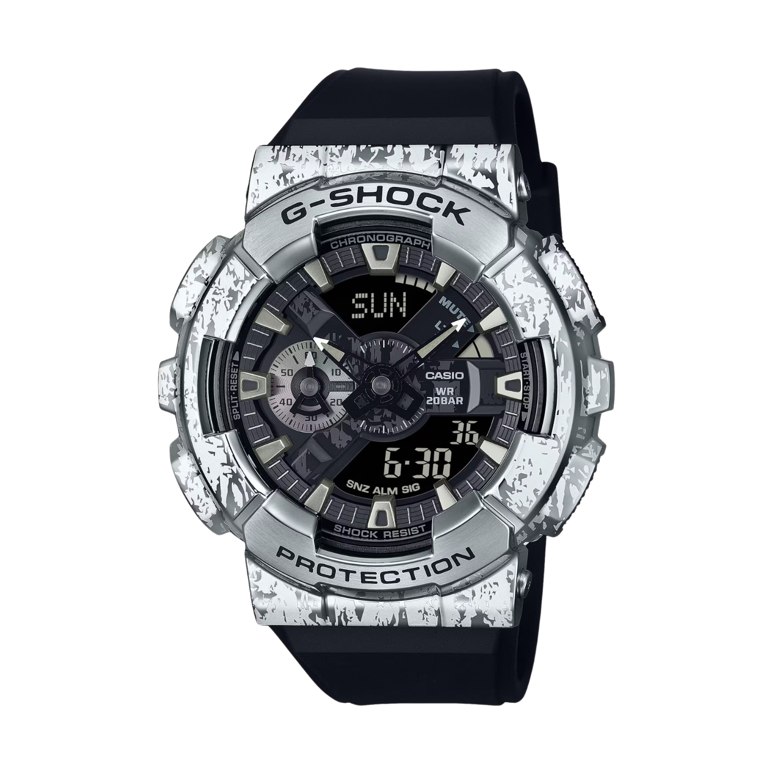 A CASIO G-SHOCK watch with a black band and a multicolored dial featuring a digital and analog display, along with a resin and stainless steel case.
