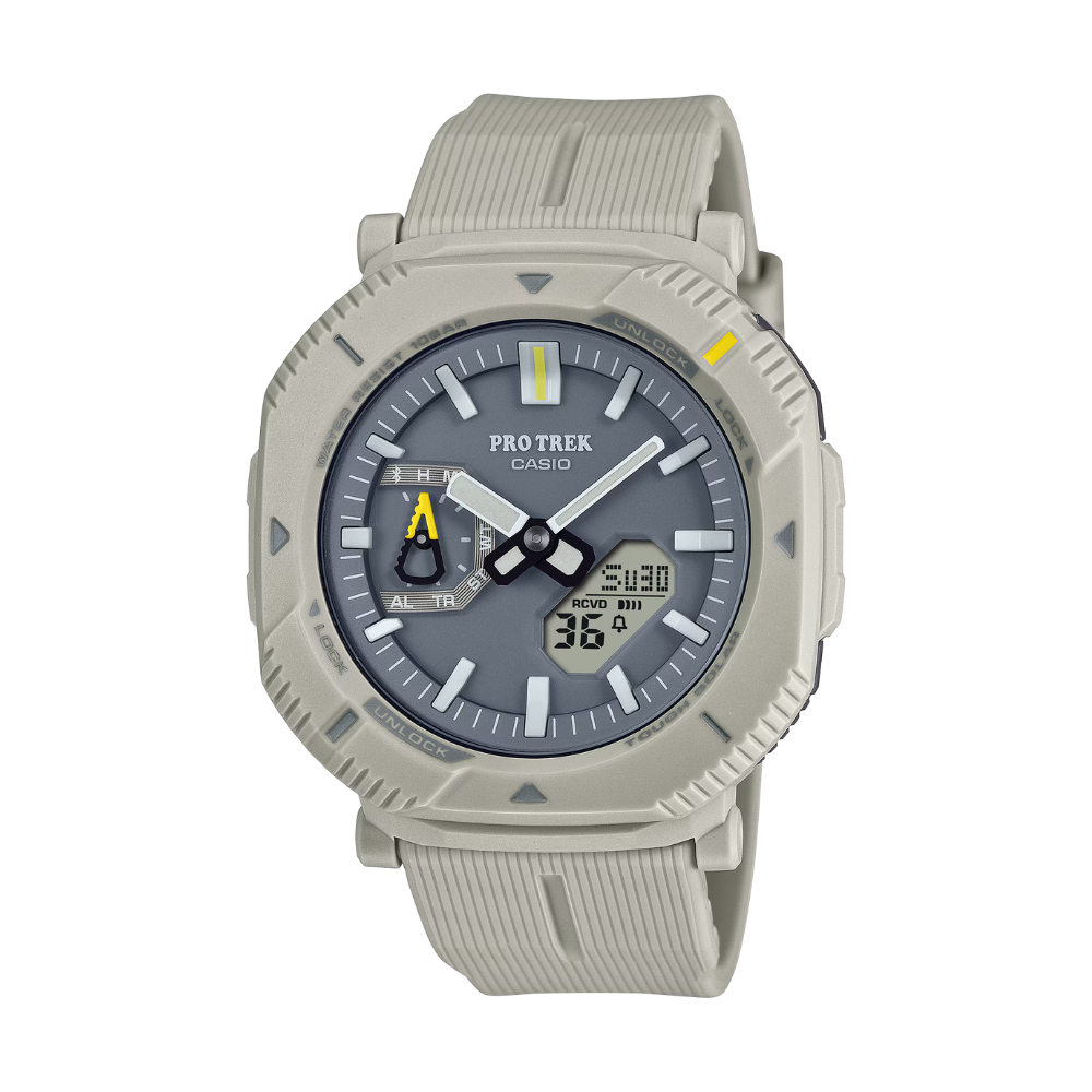 Gray Casio Pro Trek watch on a white background