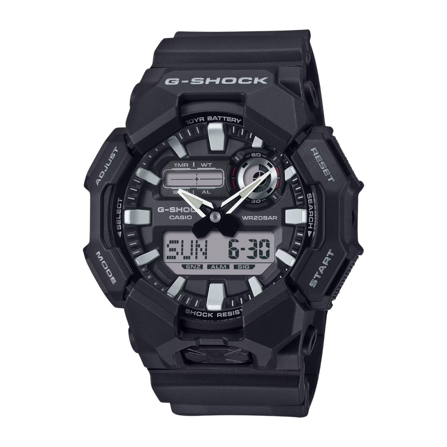 A black CASIO G-SHOCK analog-digital watch with a digital display showing the time, date, and various watch features.