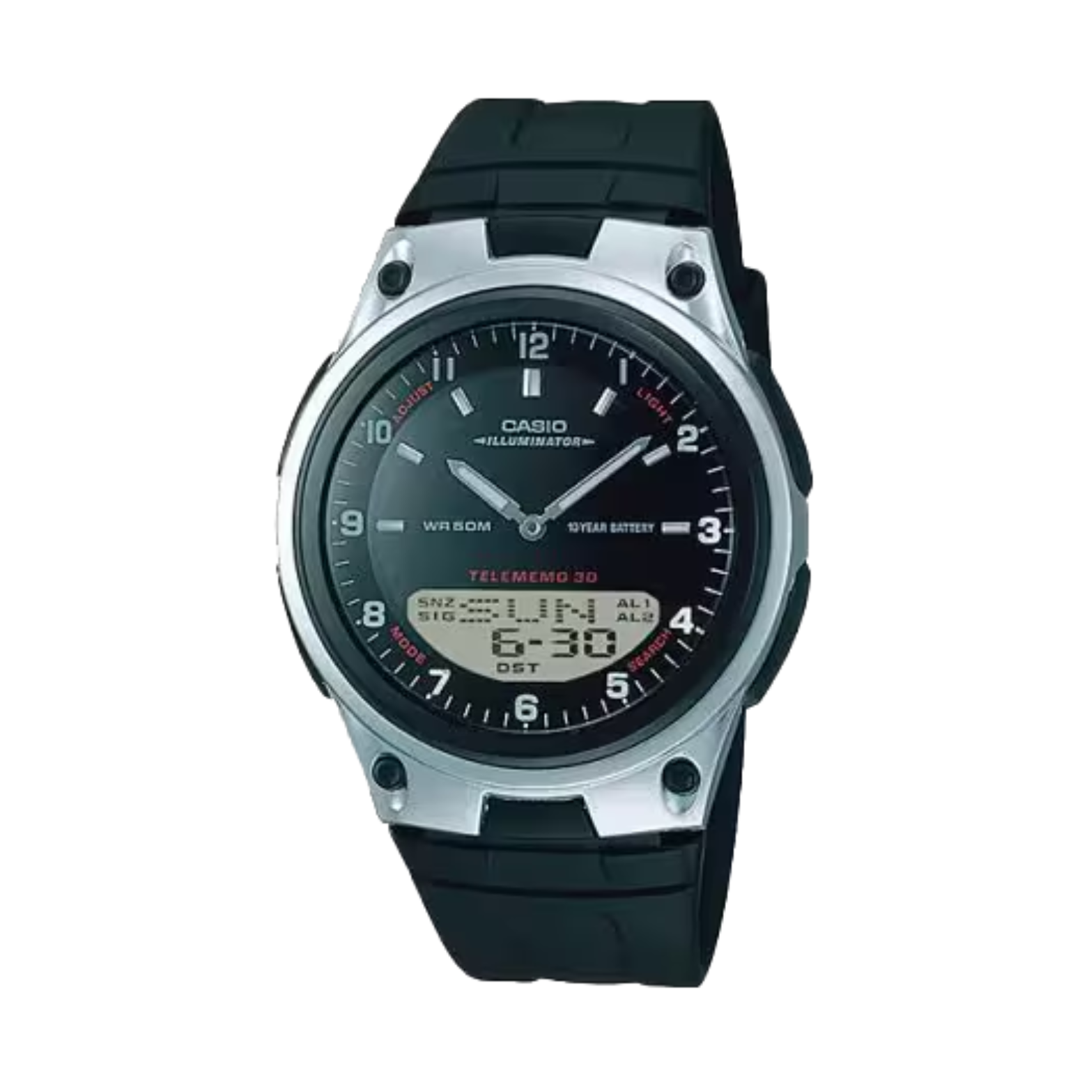 Casio watch with black strap on a white background