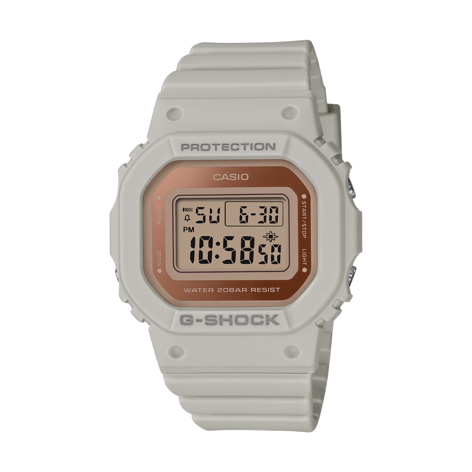 A Casio G-Shock watch with a gray case and a digital display showing time and date, with the G-Shock logo visible.
