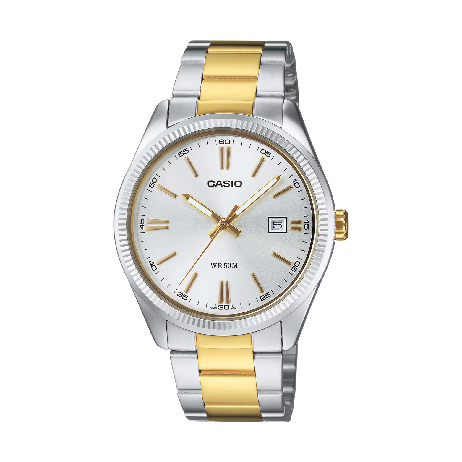 Casio watch with silver and gold band on a white background
