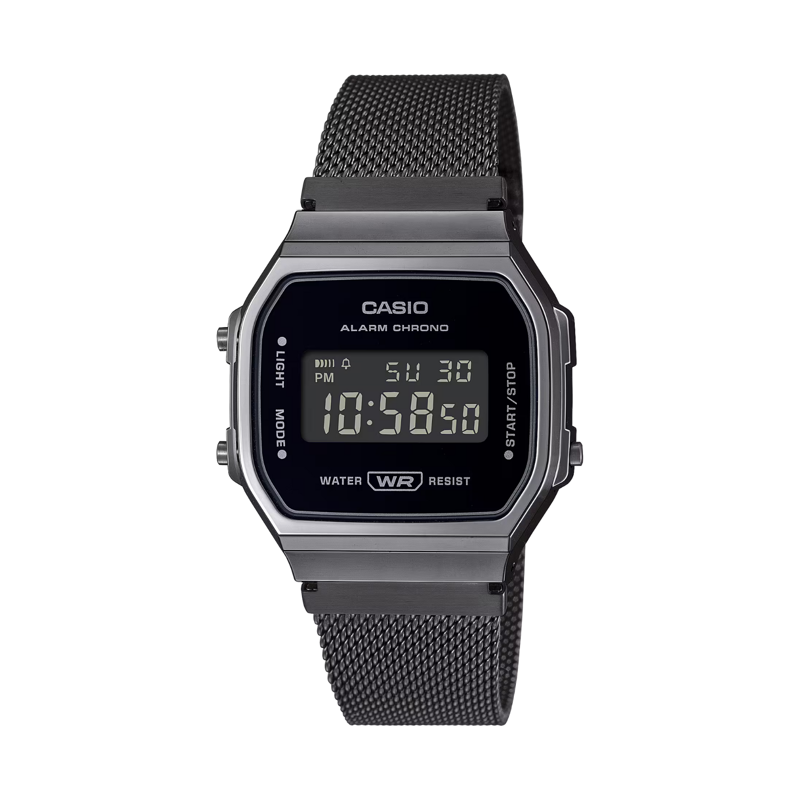 Black Casio digital watch on a white background
