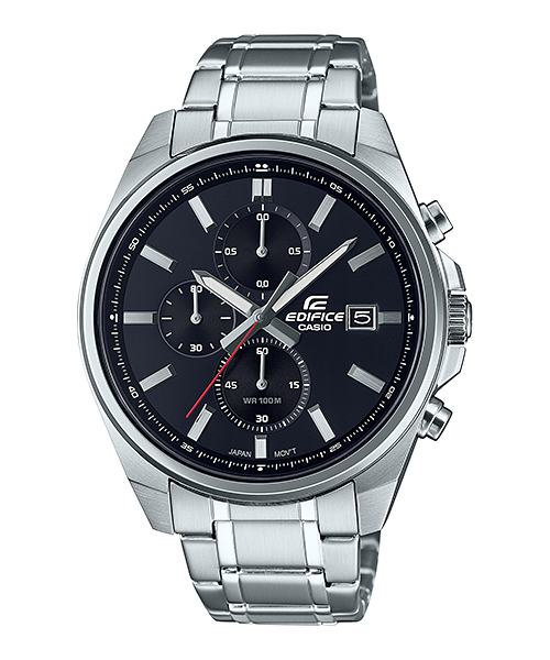 A Casio Edifice EFV-610D-1AVUDF watch with a stainless steel band and a black analog dial with tachymeter, date display, and three sub-dials.