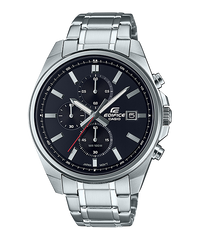 A Casio Edifice EFV-610D-1AVUDF watch with a stainless steel band and a black analog dial with tachymeter, date display, and three sub-dials.