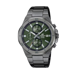 A gray CASIO EDIFICE analog watch with a stainless steel band and gray ion-plated case, featuring a green dial and multiple watch features displayed.
