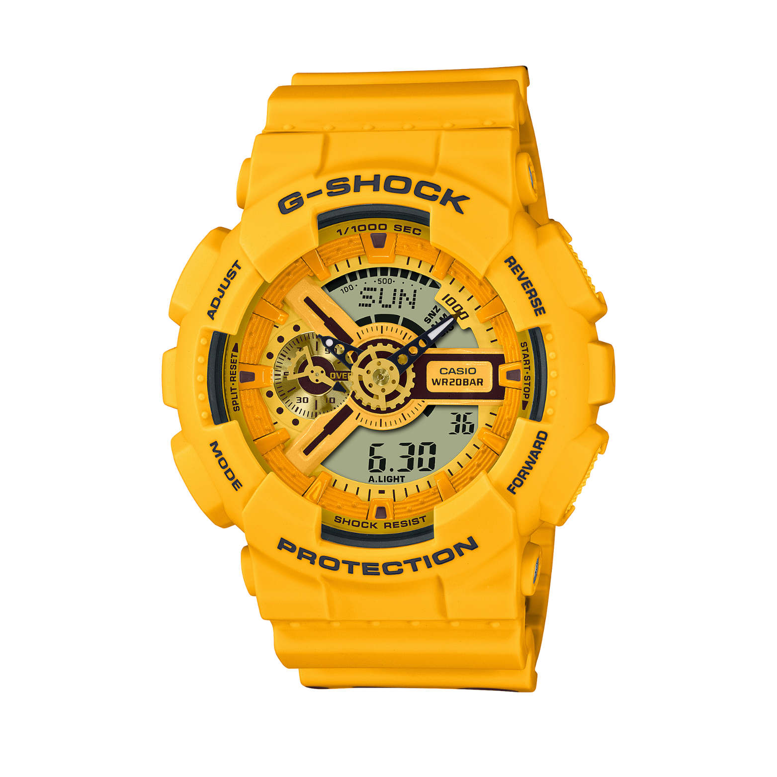 A yellow CASIO G-SHOCK analog-digital watch with a resin band and digital display features visible.