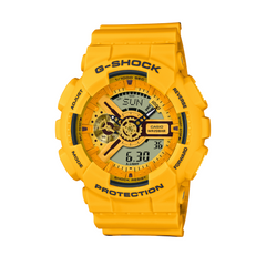 A yellow CASIO G-SHOCK analog-digital watch with a resin band and digital display features visible.