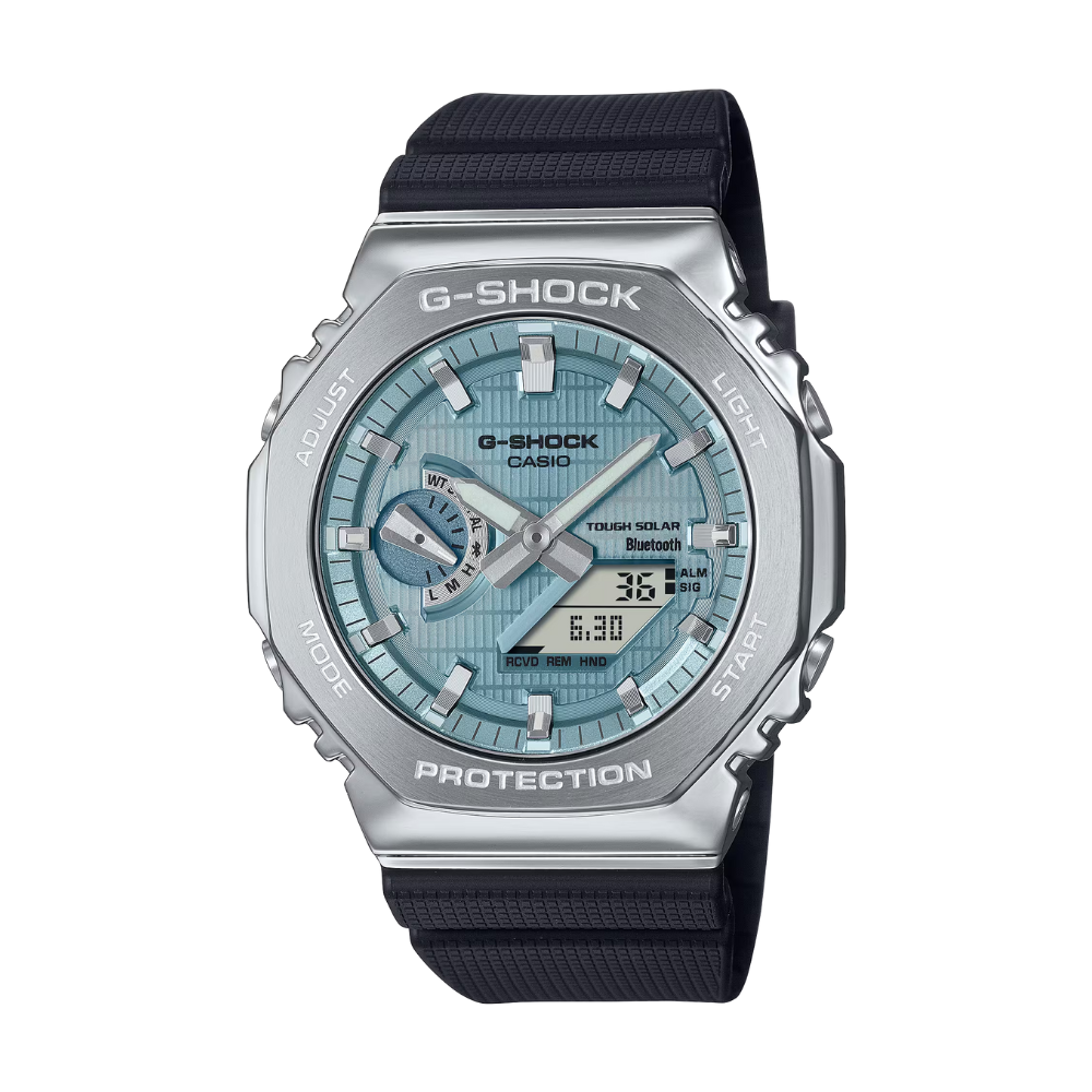 G-Shock watch with black strap and blue face on white background