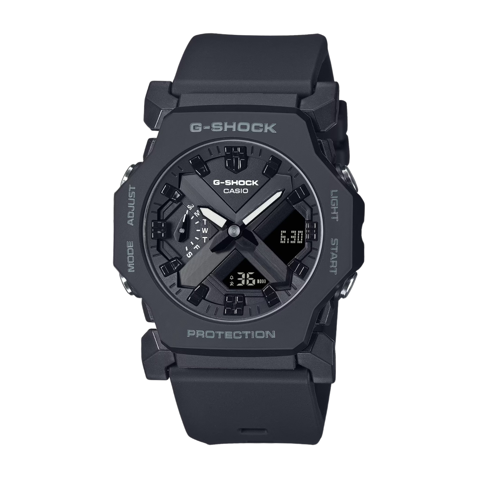 A black CASIO G-SHOCK GA-2300-1ADR watch with an analog dial, digital display, and resin band.