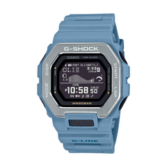 A blue CASIO G-SHOCK watch with a digital display, showing features such as time, date, and various sports metrics.