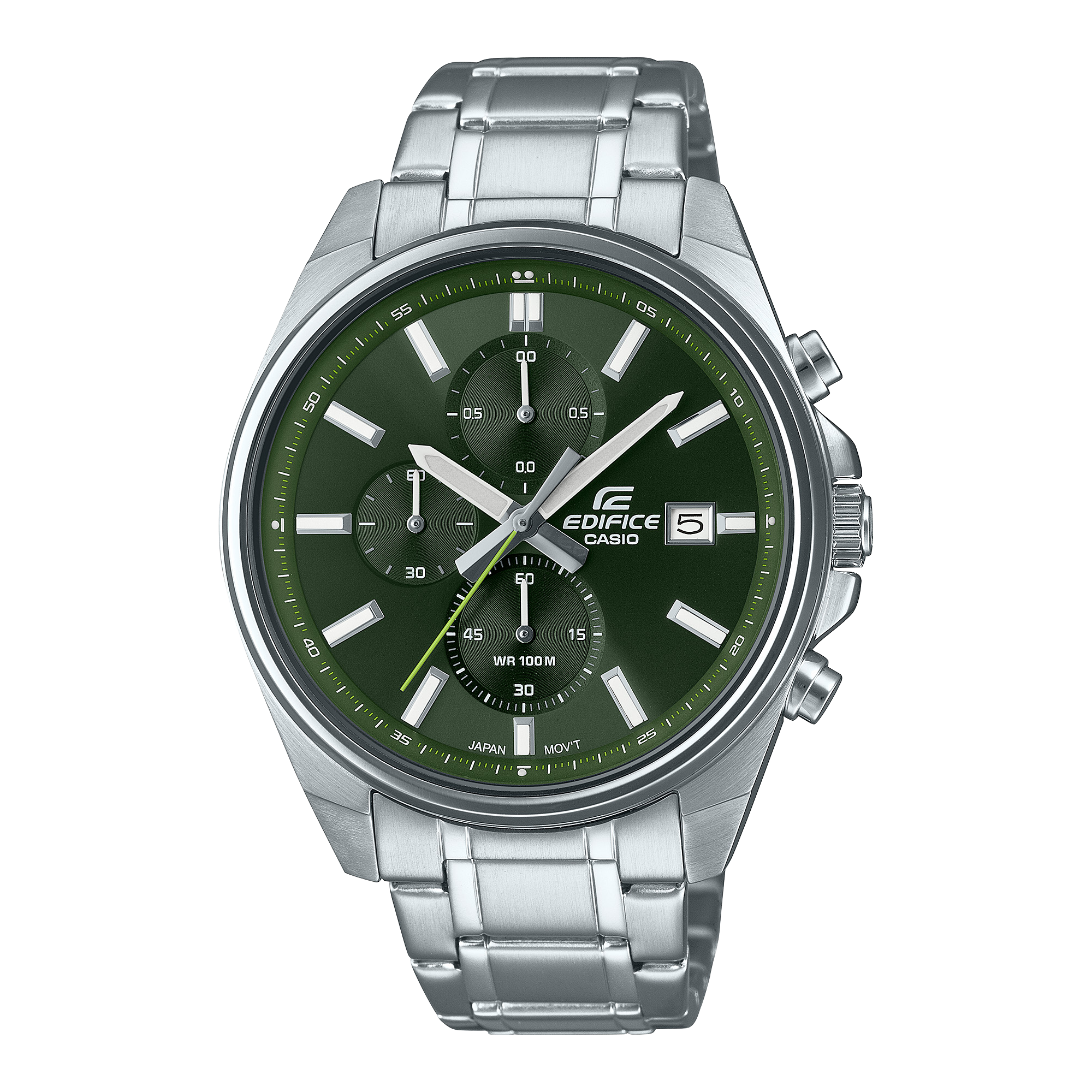 A Casio Edifice EFV-610D-3CVUDF watch with a stainless steel band and a green analog dial.
