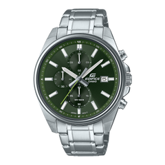 A Casio Edifice EFV-610D-3CVUDF watch with a stainless steel band and a green analog dial.
