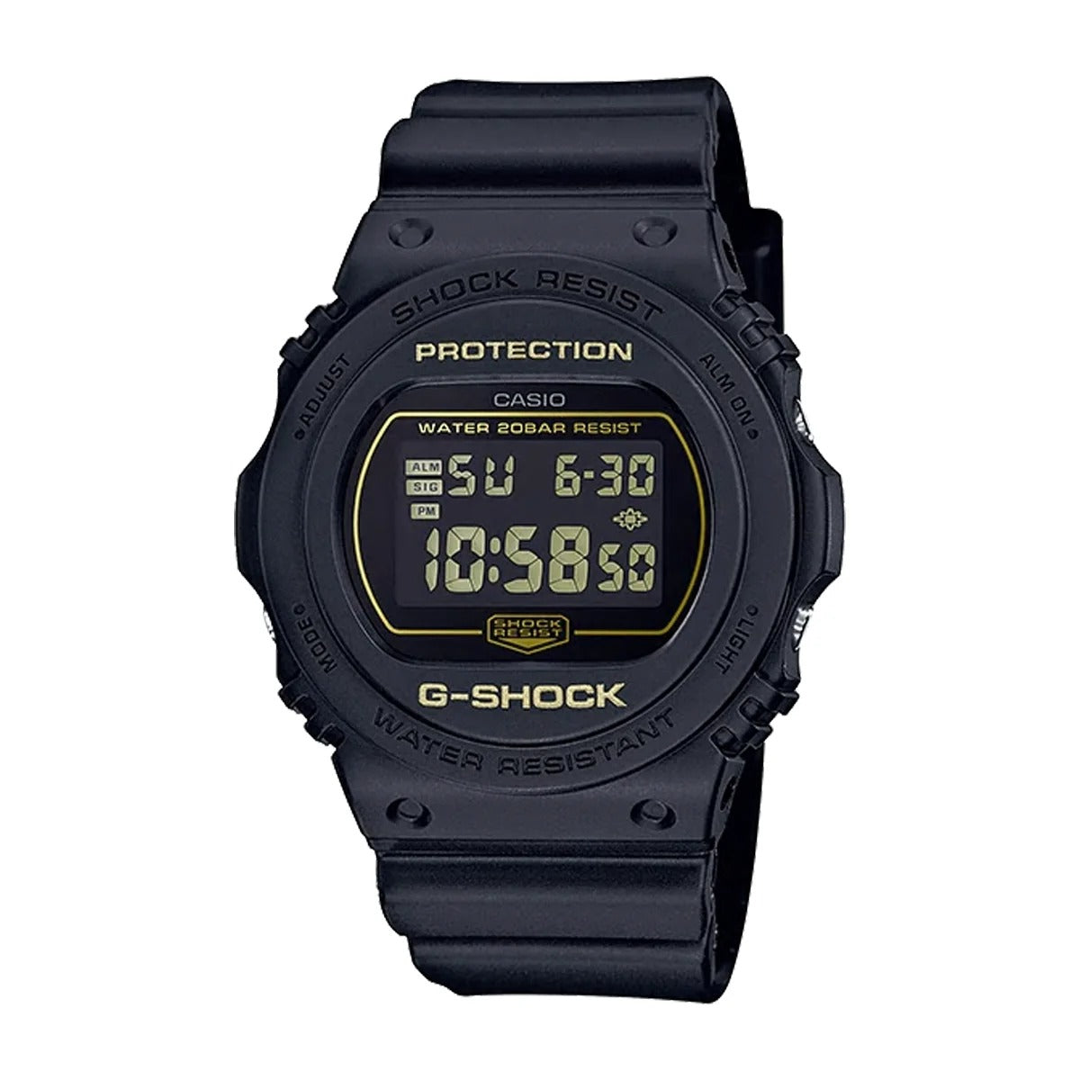 A black CASIO G-SHOCK DW-5700BBM-1DR watch with a digital display, showing time and date.