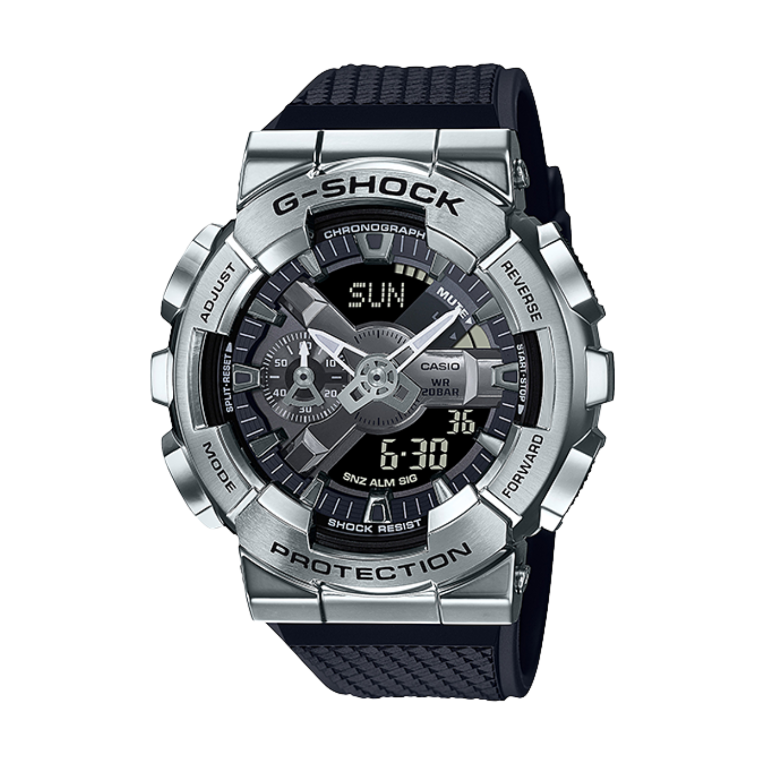 A Casio G-Shock GM-110-1A digital analog watch with a black band and silver case, displaying time and various watch features.