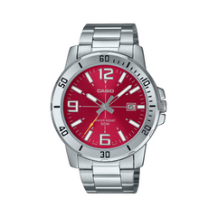 Casio watch with a red face and silver strap on a white background