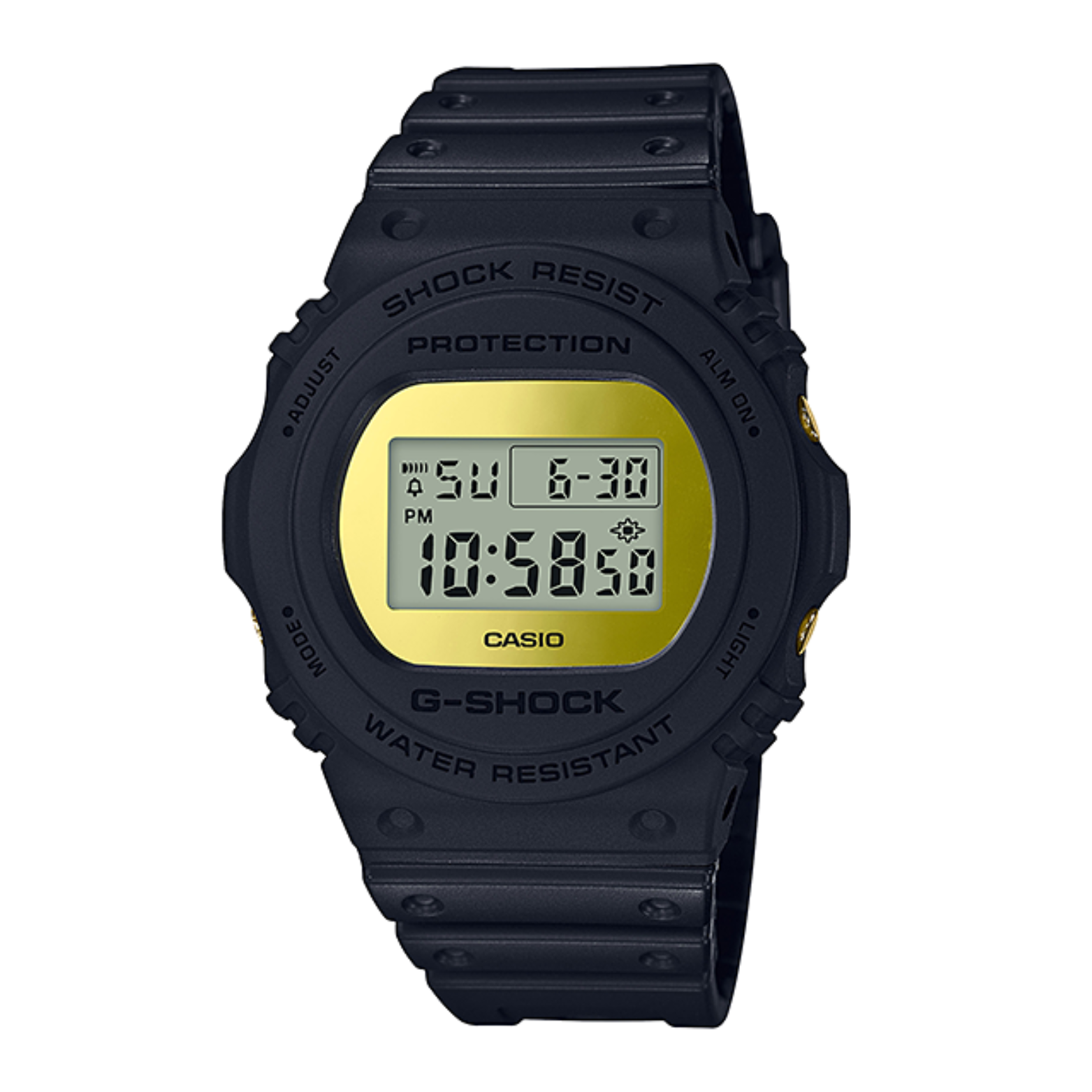 A black CASIO G-SHOCK DW-5700 series watch with a digital display, showing time and date.
