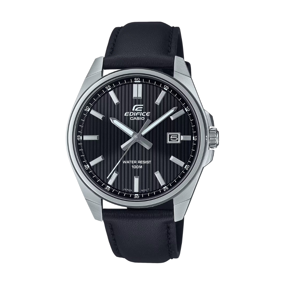 Casio Edifice watch with black strap and face on a white background