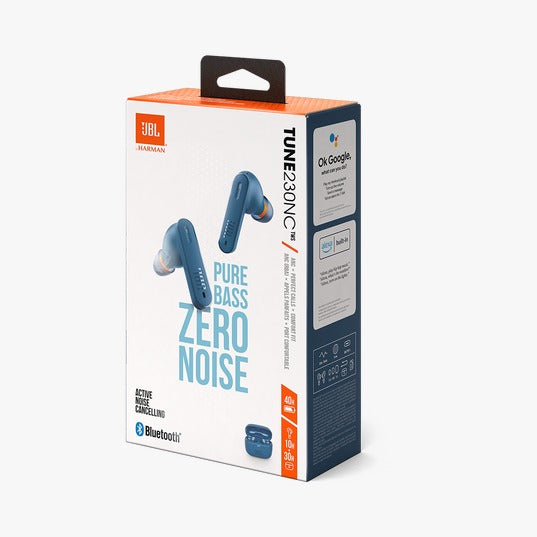 JBL Bluetooth earbuds packaging with blue earbuds on a white background