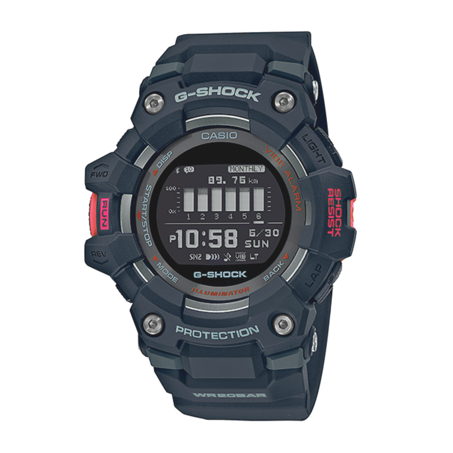 A digital CASIO G-SHOCK watch with a black band and casing, displaying time and various features on its LCD screen.