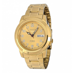 A gold-colored Seiko watch with a stainless steel bracelet and a gold dial, showing time, day, and date.