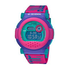 A Casio G-Shock watch with a pink band and digital display, showing time and various features such as world time and stopwatch.