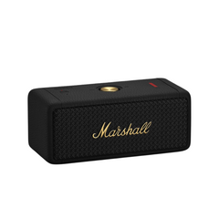 Black Marshall Bluetooth speaker on a white background
