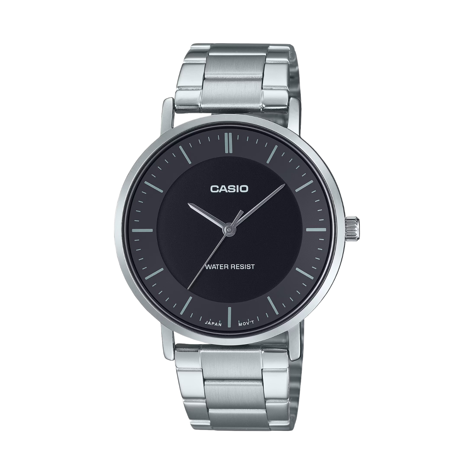 Casio watch with silver metal strap and black dial on a white background