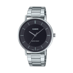 Casio watch with silver metal strap and black dial on a white background