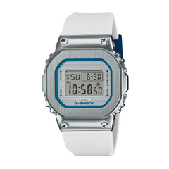 A CASIO G-SHOCK watch with a white resin band and silver-colored case, featuring a digital display.