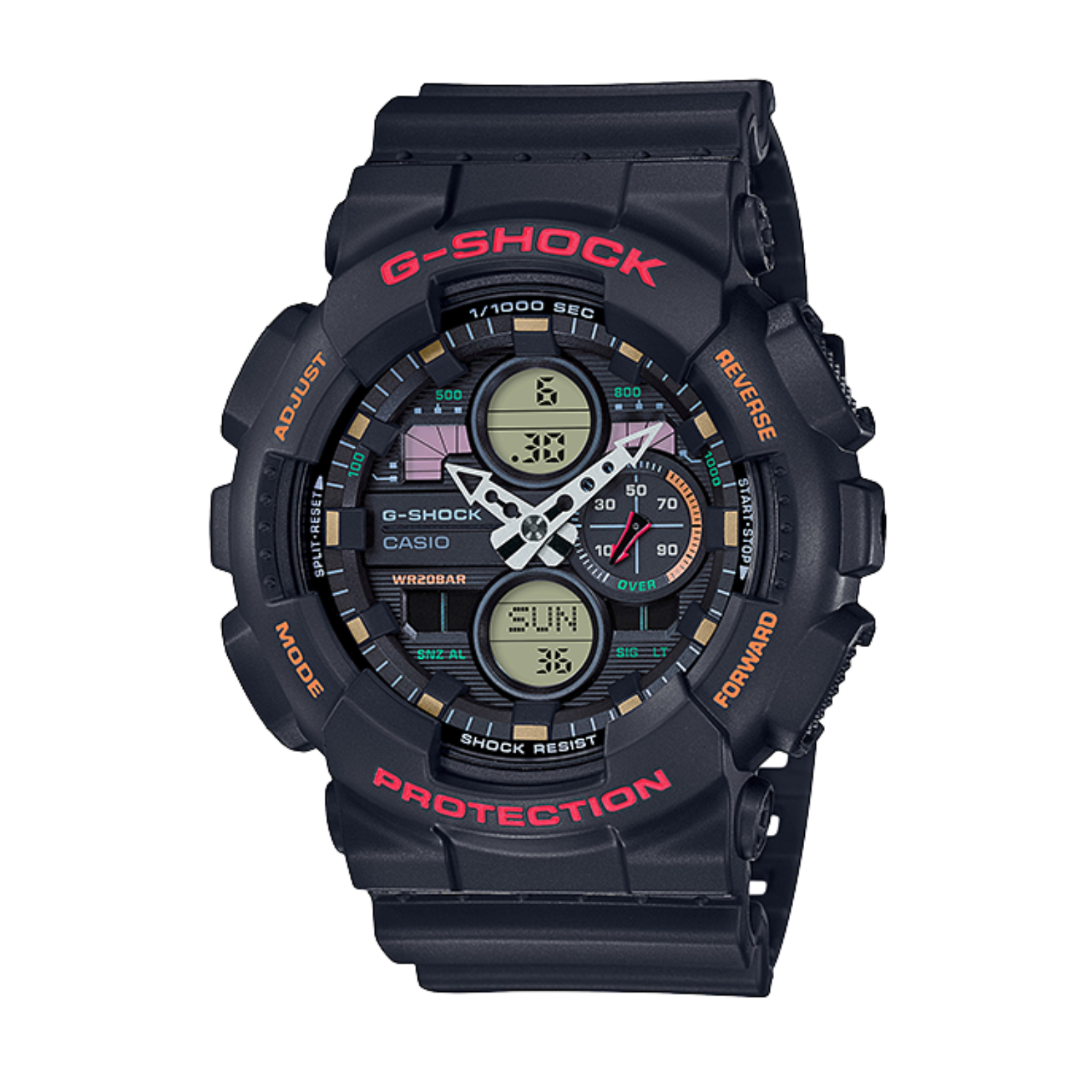 A black CASIO G-SHOCK GA-140-1A4DR watch with a digital display, world time features, and multiple watch hands visible.
