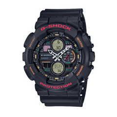 A black CASIO G-SHOCK GA-140-1A4DR watch with a digital display, world time features, and multiple watch hands visible.