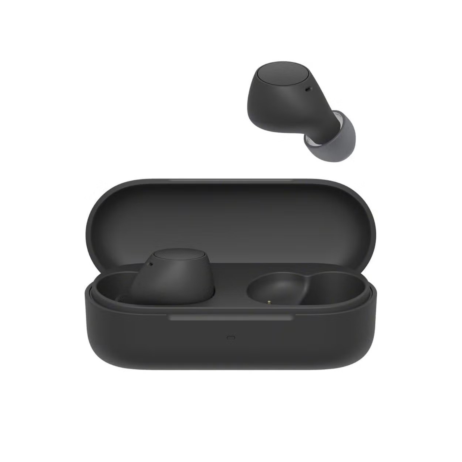 Black wireless earbuds with charging case on a white background