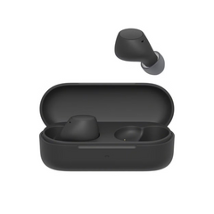 Black wireless earbuds with charging case on a white background