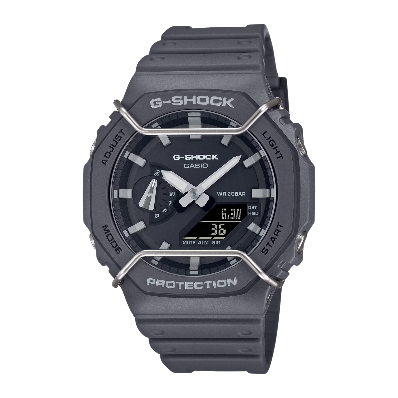 A black CASIO G-SHOCK GA-2100PTS-8A watch with a digital display and analog features, showcasing the brand's logo and the word 'PROTECTION' on the bezel.