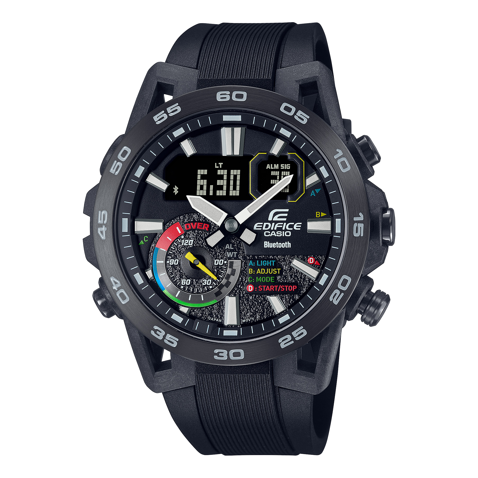 A Casio Edifice ECB-40MP-1ADF watch with a black band, black case, and black ion plated bezel, displaying a digital and analog watch face.