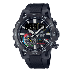 A Casio Edifice ECB-40MP-1ADF watch with a black band, black case, and black ion plated bezel, displaying a digital and analog watch face.