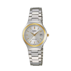 Casio watch with silver and gold band on a white background