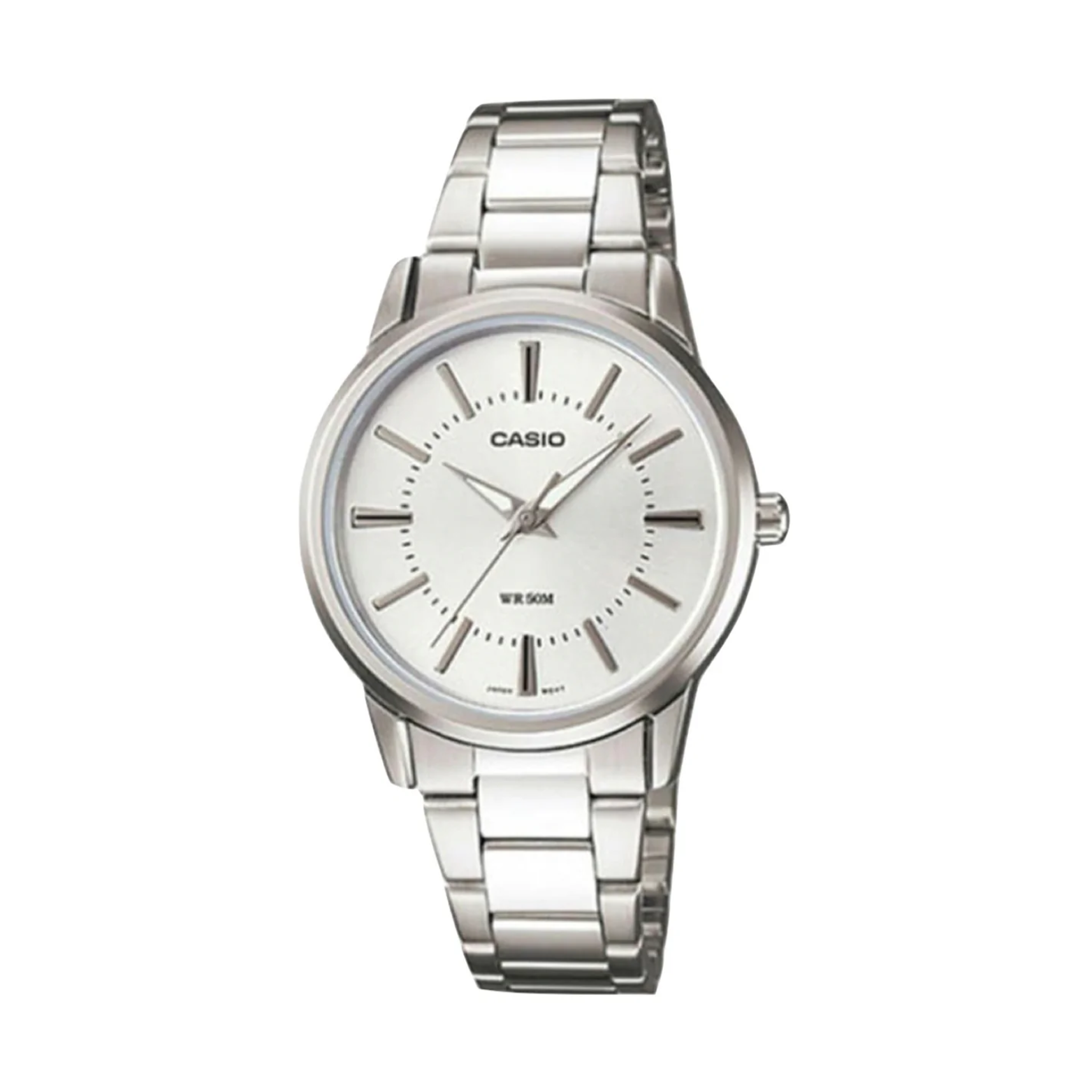 Silver Casio watch on a white background
