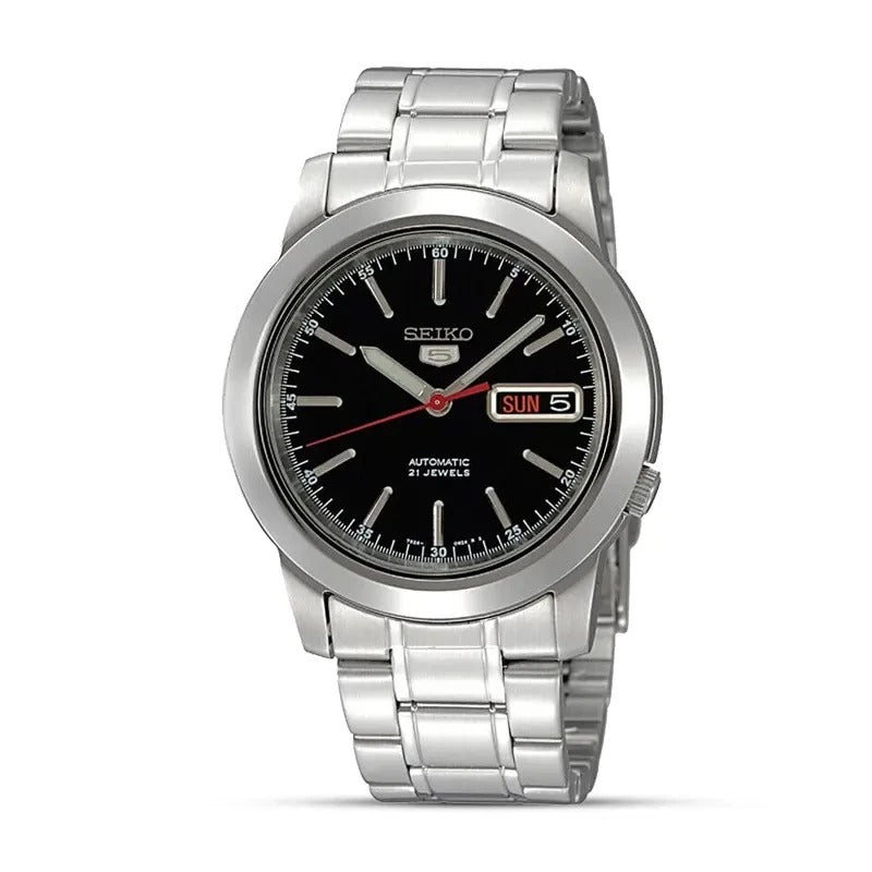 A Seiko analog watch with a black dial and a stainless steel bracelet.