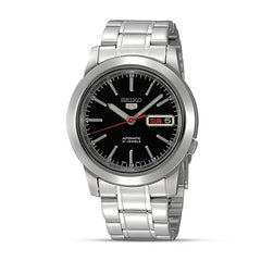 A Seiko analog watch with a black dial and a stainless steel bracelet.