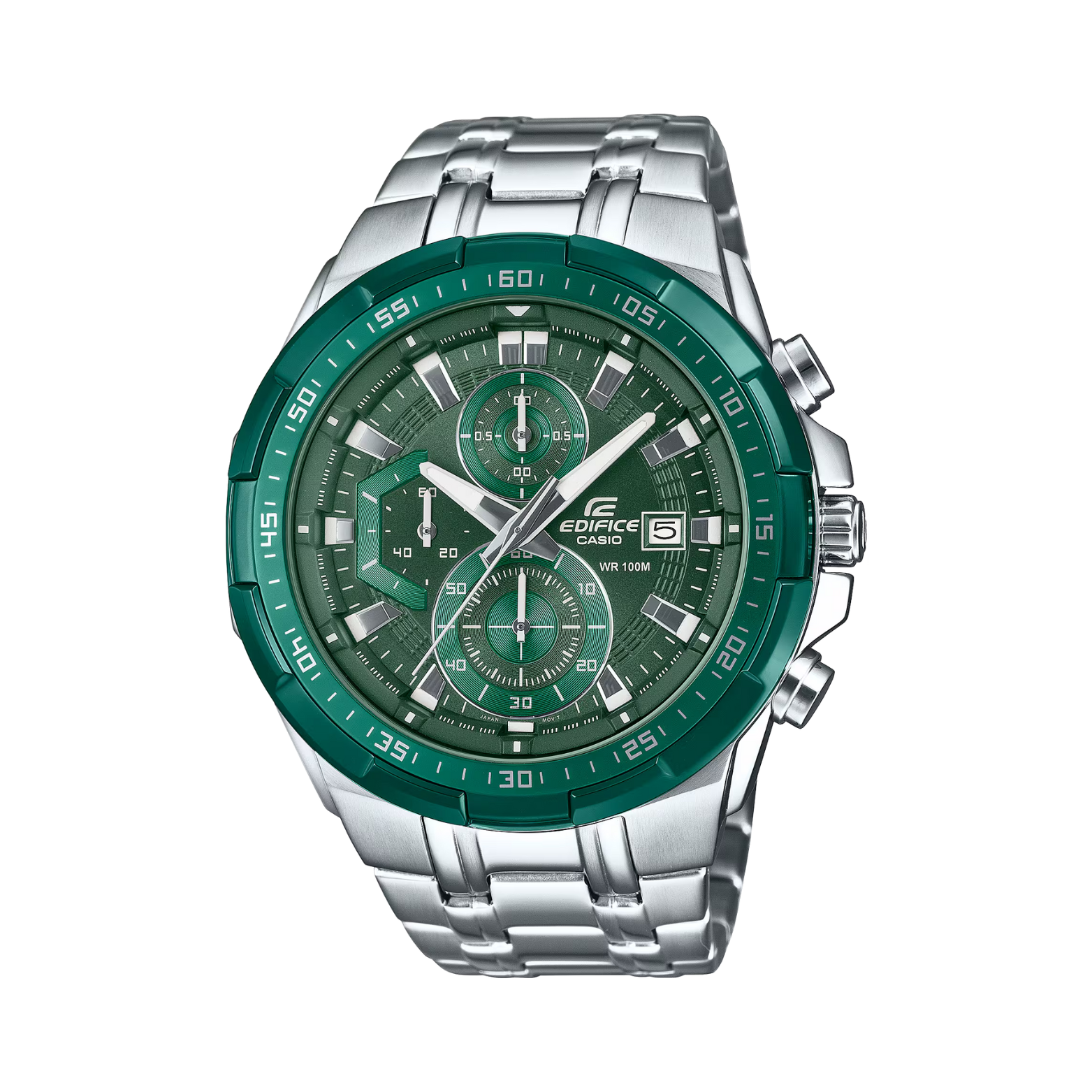 Green watch with silver metal strap on a white background