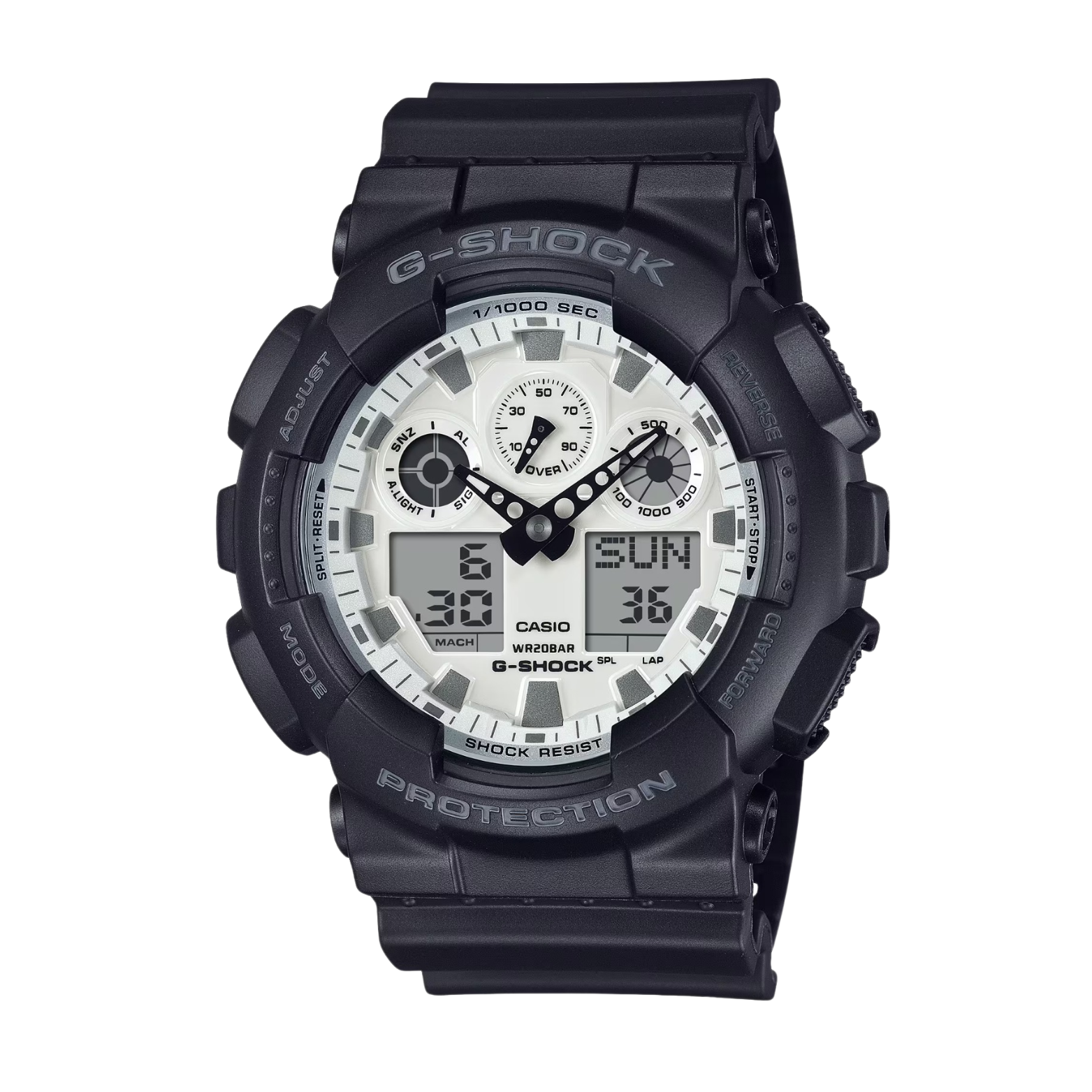 A Casio G-Shock analog-digital watch with a black band and casing, featuring a black dial with multiple display windows and a digital readout.