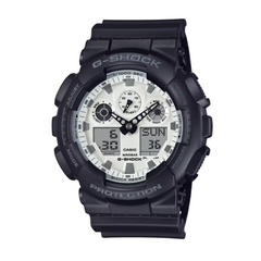 A Casio G-Shock analog-digital watch with a black band and casing, featuring a black dial with multiple display windows and a digital readout.