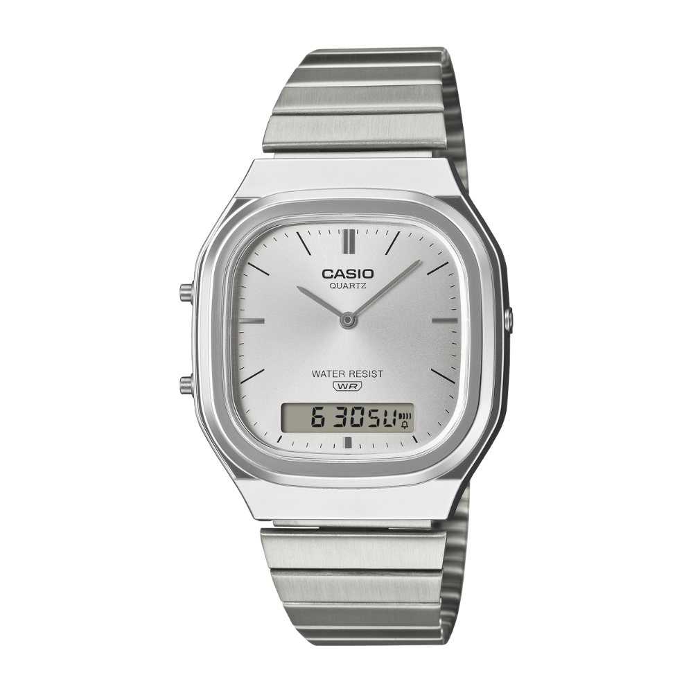 Silver Casio watch with digital display on a white background