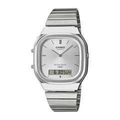 Silver Casio watch with digital display on a white background