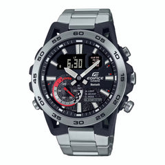 A Casio Edifice ECB-40D-1ADF watch with a black band and black dial, featuring analog and digital display, along with a stainless steel case and bezel.